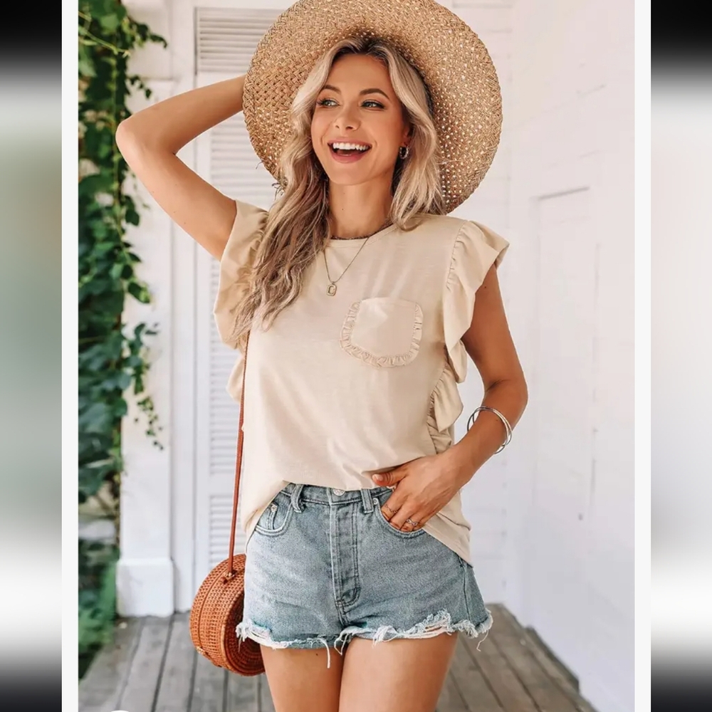MIHOLL Oatmeal Beige Loose Ruffle Cap Sleeve & Pocket Tee Shirt Tank Top Nuetral